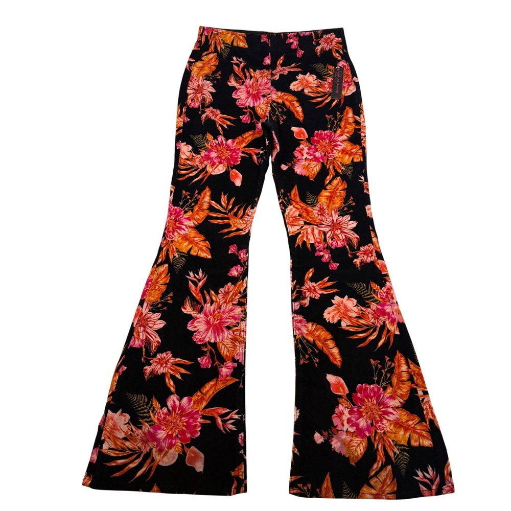 No Boundaries Women Floral Corduroy Flare Pants Black Pink Super High Rise M 7-9